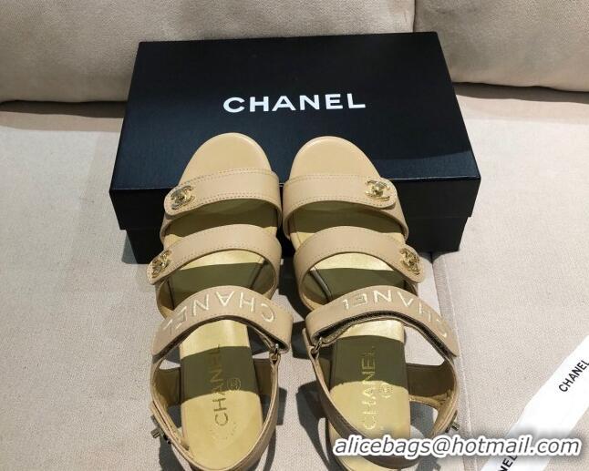 Top Quality Chanel Lambskin Logo Strap Flat Sandals G37387 Apricot 2021