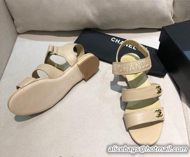 Top Quality Chanel Lambskin Logo Strap Flat Sandals G37387 Apricot 2021