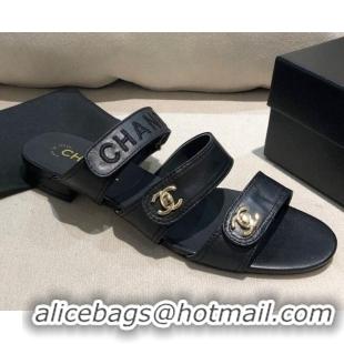 Well Crafted Chanel Lambskin Logo Strap Mules Sandals G37387 Black 2021