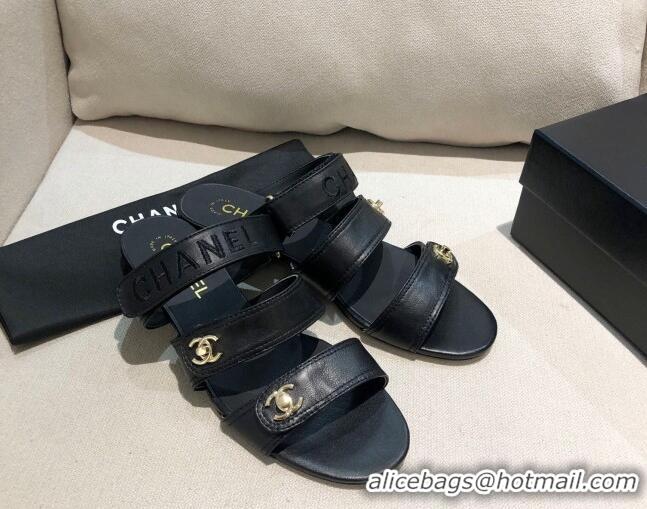 Well Crafted Chanel Lambskin Logo Strap Mules Sandals G37387 Black 2021