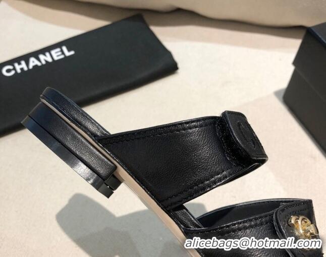 Well Crafted Chanel Lambskin Logo Strap Mules Sandals G37387 Black 2021