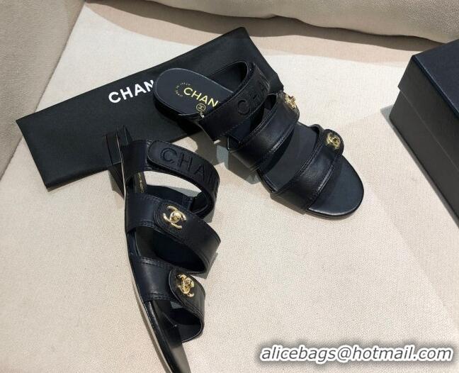 Well Crafted Chanel Lambskin Logo Strap Mules Sandals G37387 Black 2021