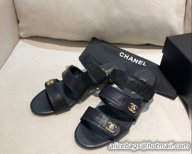 Well Crafted Chanel Lambskin Logo Strap Mules Sandals G37387 Black 2021