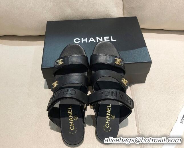 Well Crafted Chanel Lambskin Logo Strap Mules Sandals G37387 Black 2021