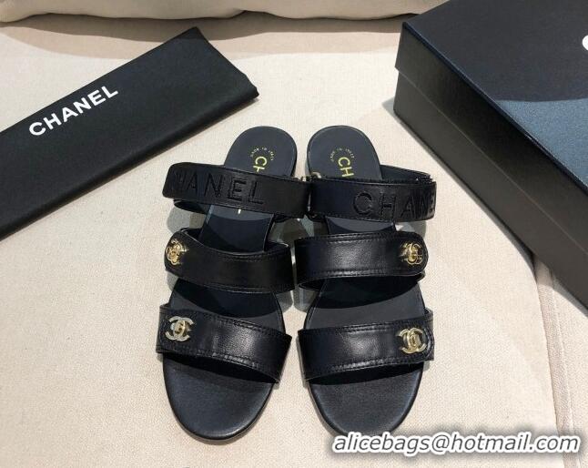 Well Crafted Chanel Lambskin Logo Strap Mules Sandals G37387 Black 2021