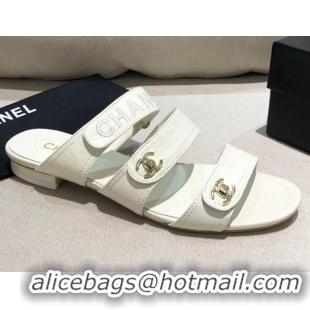 Cute Chanel Lambskin Logo Strap Mules Sandals G37387 White 2021