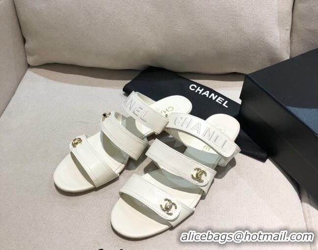 Cute Chanel Lambskin Logo Strap Mules Sandals G37387 White 2021