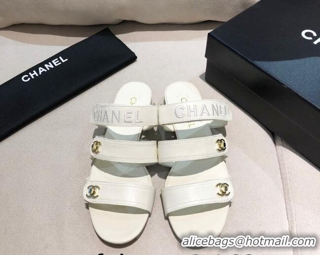 Cute Chanel Lambskin Logo Strap Mules Sandals G37387 White 2021