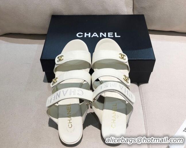 Cute Chanel Lambskin Logo Strap Mules Sandals G37387 White 2021