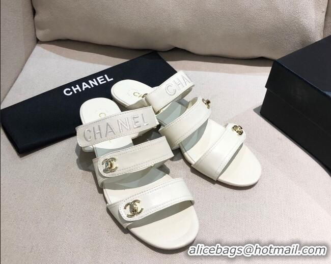 Cute Chanel Lambskin Logo Strap Mules Sandals G37387 White 2021