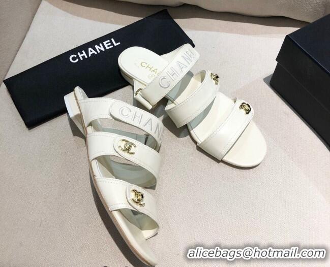 Cute Chanel Lambskin Logo Strap Mules Sandals G37387 White 2021