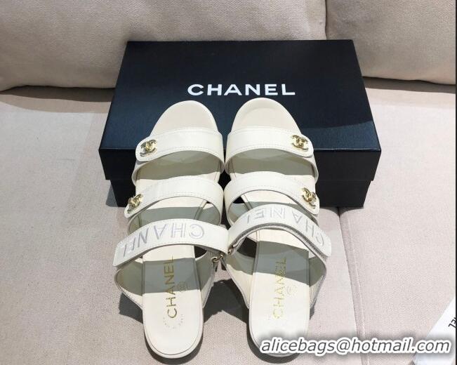 Cute Chanel Lambskin Logo Strap Mules Sandals G37387 White 2021