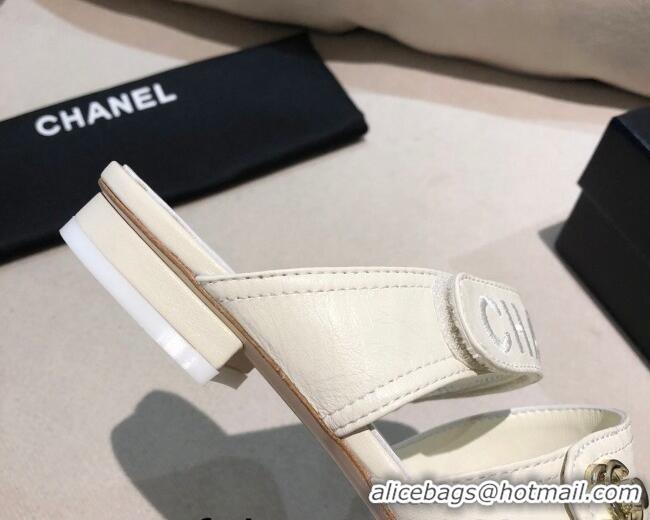 Cute Chanel Lambskin Logo Strap Mules Sandals G37387 White 2021