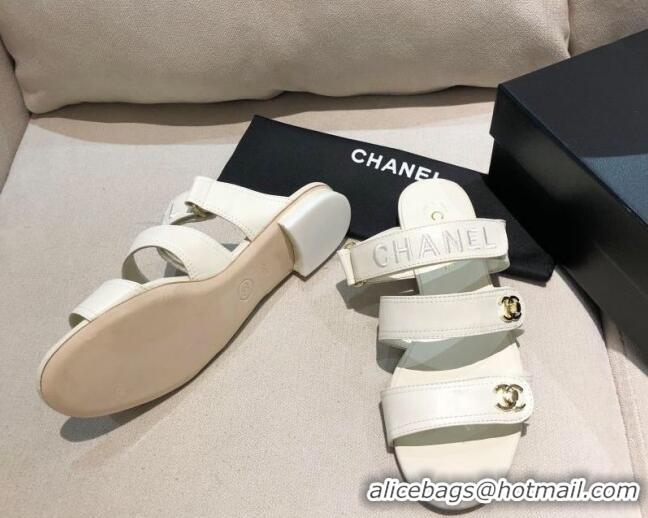 Cute Chanel Lambskin Logo Strap Mules Sandals G37387 White 2021