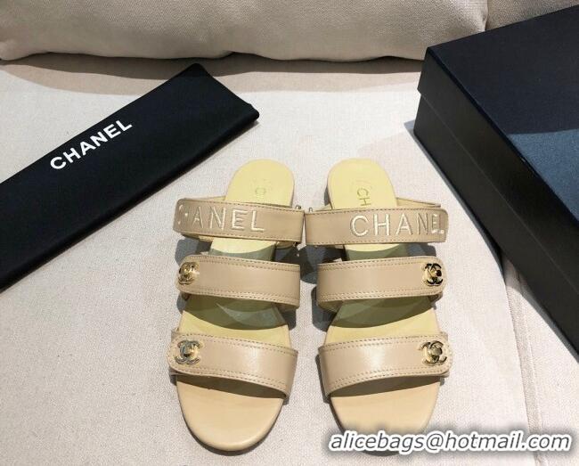 Super Quality Chanel Lambskin Logo Strap Mules Sandals G37387 Apricot 2021