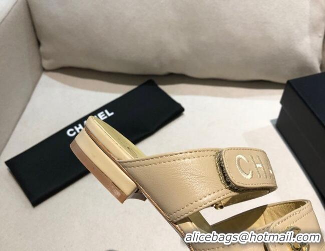 Super Quality Chanel Lambskin Logo Strap Mules Sandals G37387 Apricot 2021