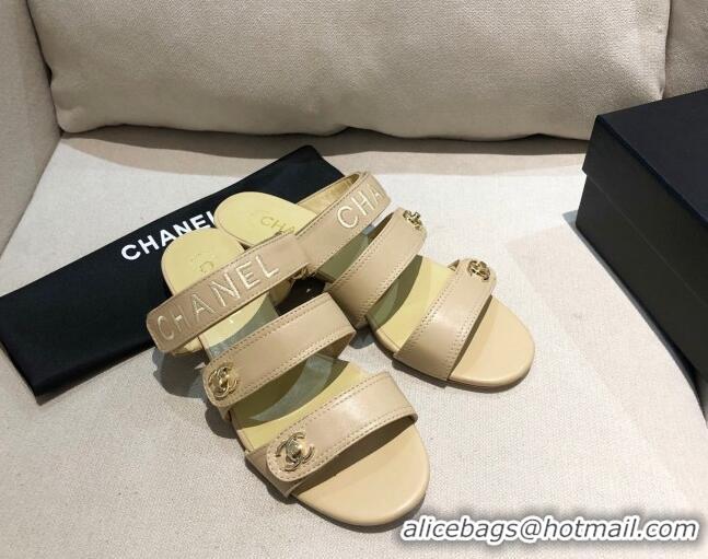 Super Quality Chanel Lambskin Logo Strap Mules Sandals G37387 Apricot 2021