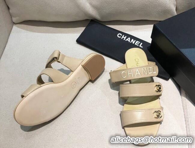 Super Quality Chanel Lambskin Logo Strap Mules Sandals G37387 Apricot 2021