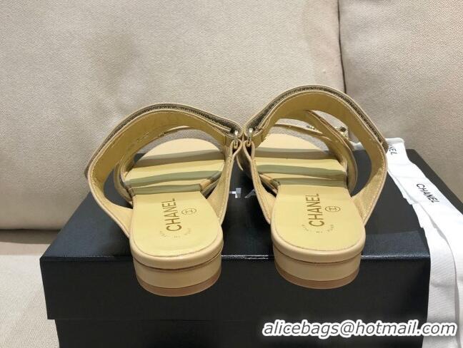 Super Quality Chanel Lambskin Logo Strap Mules Sandals G37387 Apricot 2021