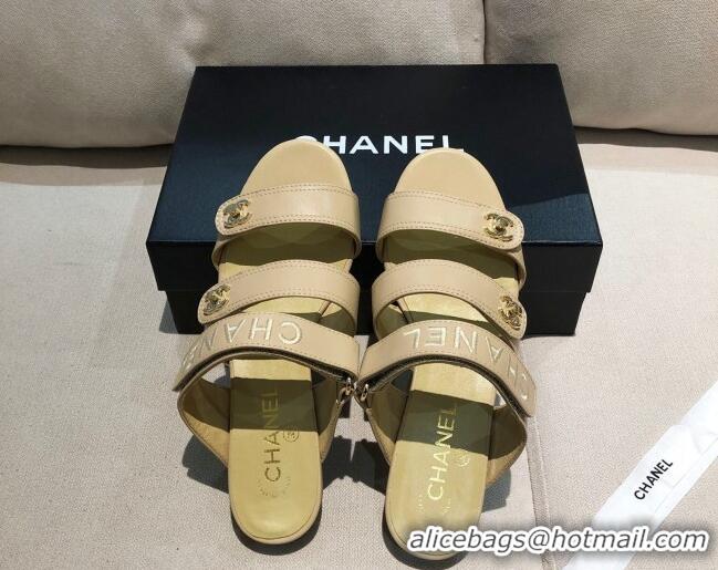 Super Quality Chanel Lambskin Logo Strap Mules Sandals G37387 Apricot 2021