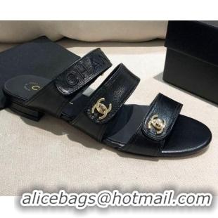 Unique Discount Chanel Shiny Logo Strap Mule Sandals G37387 Black 2021