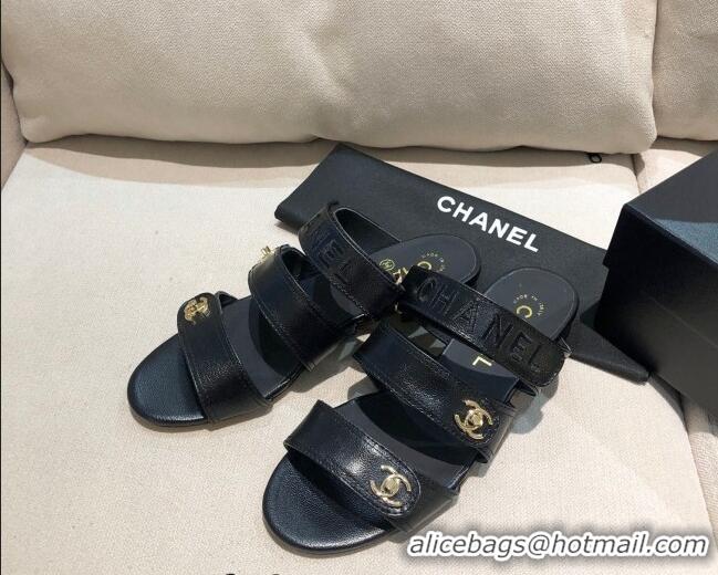 Unique Discount Chanel Shiny Logo Strap Mule Sandals G37387 Black 2021