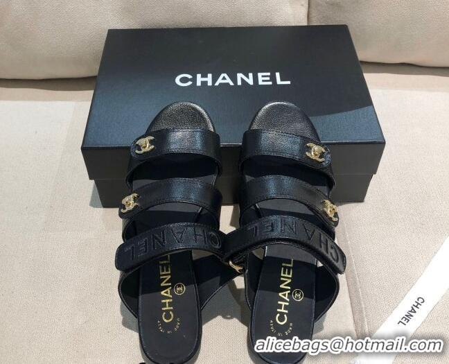 Unique Discount Chanel Shiny Logo Strap Mule Sandals G37387 Black 2021