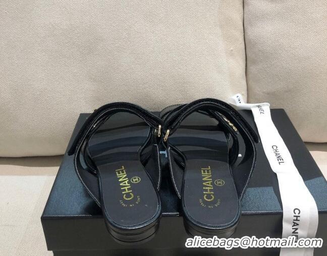 Unique Discount Chanel Shiny Logo Strap Mule Sandals G37387 Black 2021