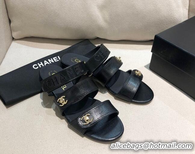 Unique Discount Chanel Shiny Logo Strap Mule Sandals G37387 Black 2021