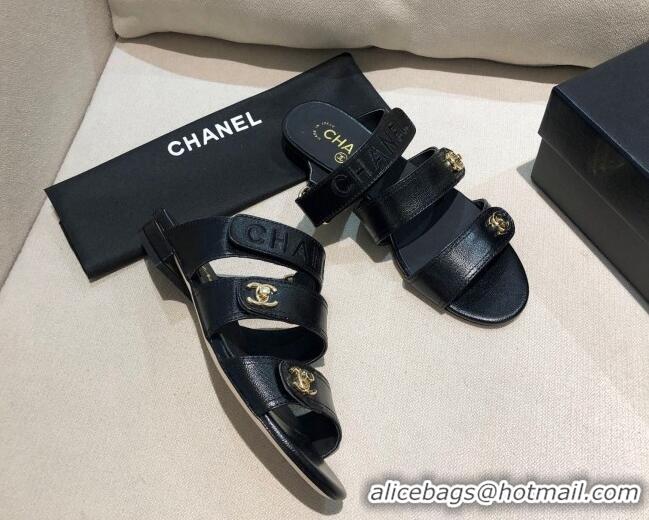 Unique Discount Chanel Shiny Logo Strap Mule Sandals G37387 Black 2021