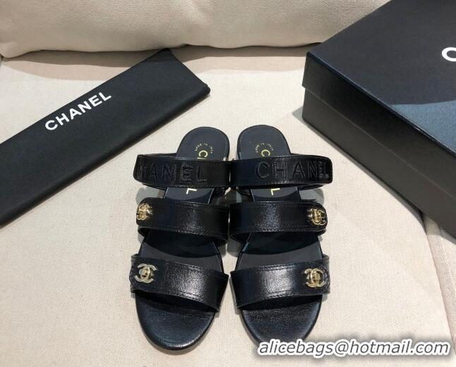 Unique Discount Chanel Shiny Logo Strap Mule Sandals G37387 Black 2021