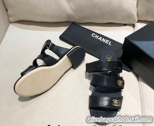 Unique Discount Chanel Shiny Logo Strap Mule Sandals G37387 Black 2021