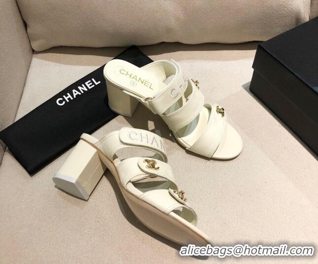 Top Quality Chanel Lambskin Heel Mule Sandals G37387 White 2021