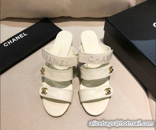 Top Quality Chanel Lambskin Heel Mule Sandals G37387 White 2021