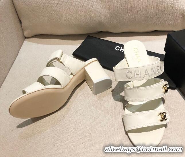 Top Quality Chanel Lambskin Heel Mule Sandals G37387 White 2021