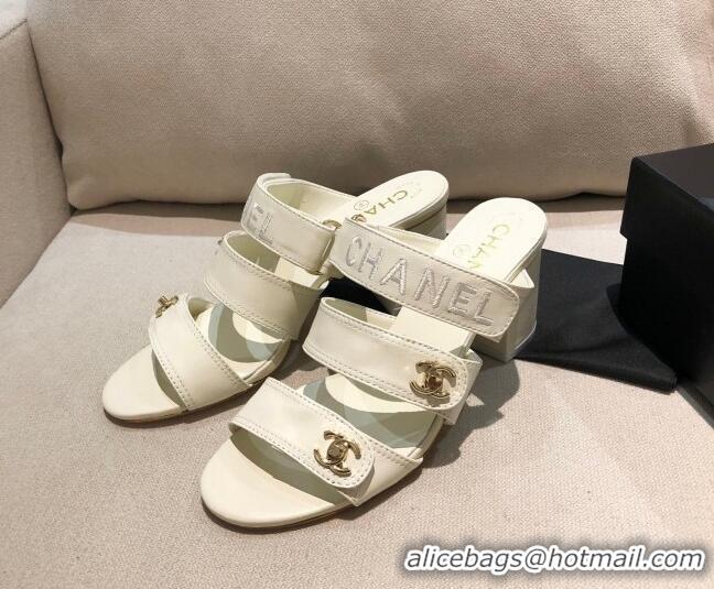 Top Quality Chanel Lambskin Heel Mule Sandals G37387 White 2021