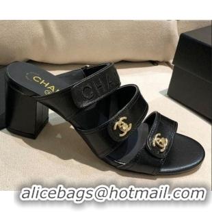 New Style Chanel Shiny Lambskin Heel Mule Sandals G37387 Black 2021