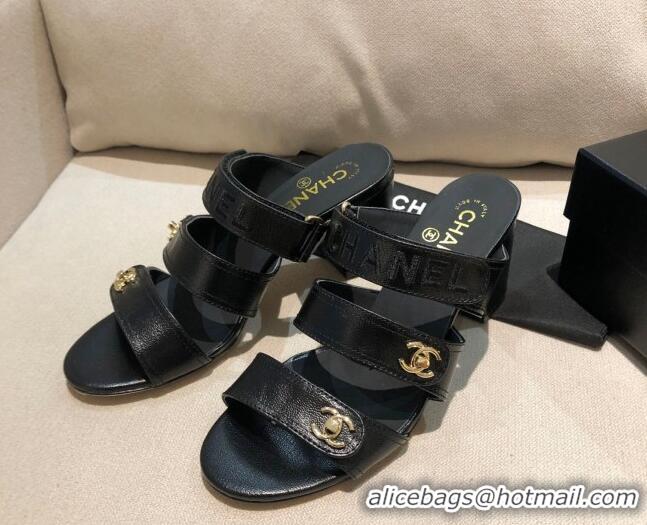 New Style Chanel Shiny Lambskin Heel Mule Sandals G37387 Black 2021