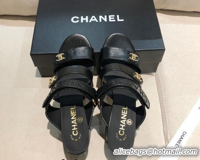 New Style Chanel Shiny Lambskin Heel Mule Sandals G37387 Black 2021