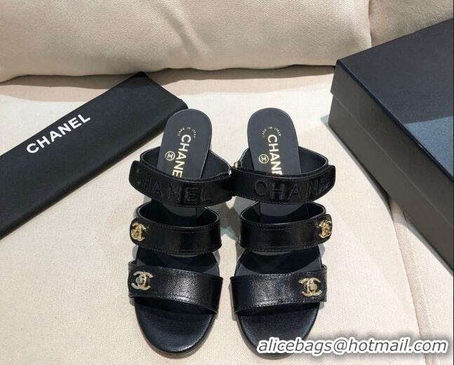 New Style Chanel Shiny Lambskin Heel Mule Sandals G37387 Black 2021