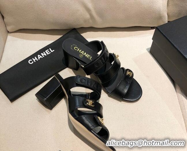 New Style Chanel Shiny Lambskin Heel Mule Sandals G37387 Black 2021