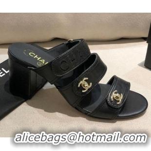 New Design Chanel Lambskin Heel Mule Sandals G37387 Black/Gold 2021