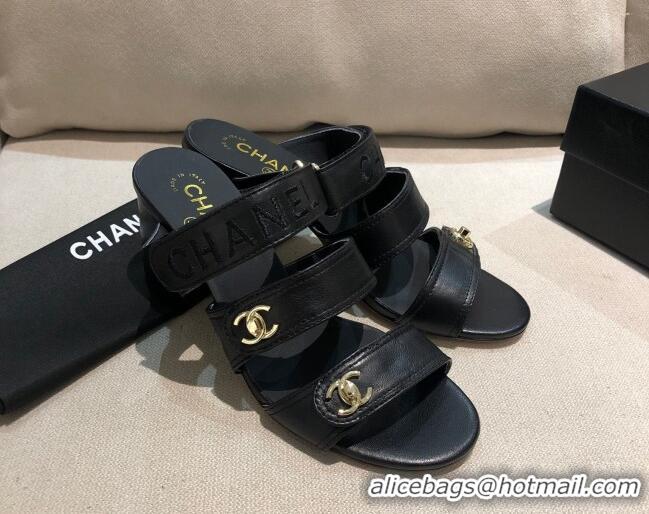 New Design Chanel Lambskin Heel Mule Sandals G37387 Black/Gold 2021