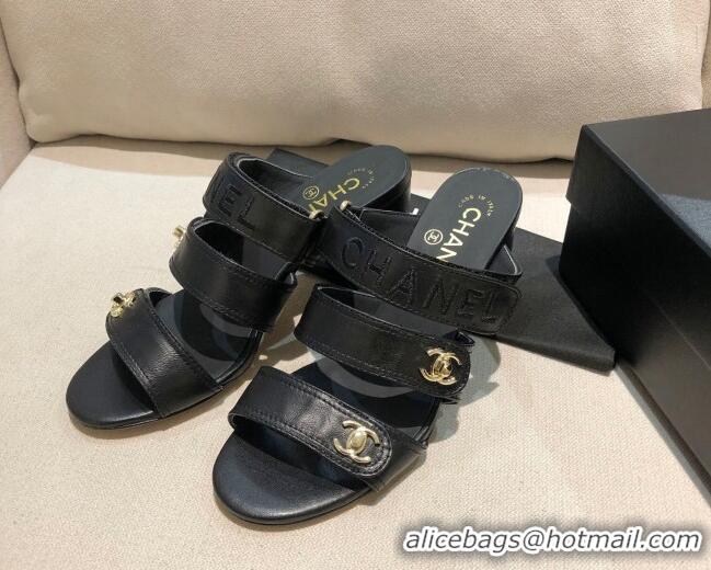 New Design Chanel Lambskin Heel Mule Sandals G37387 Black/Gold 2021