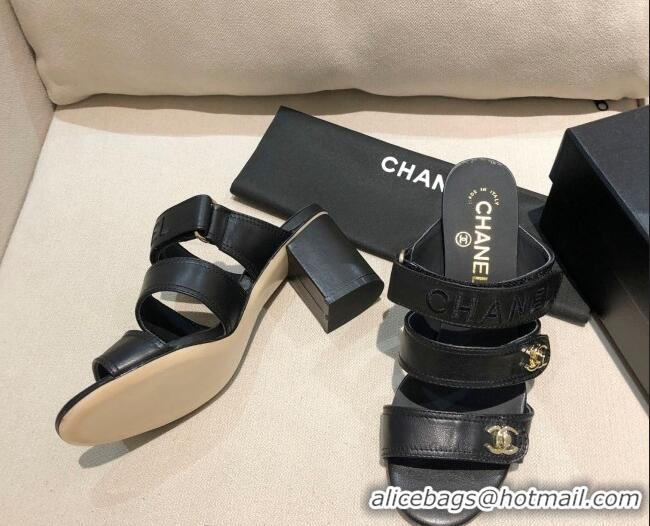 New Design Chanel Lambskin Heel Mule Sandals G37387 Black/Gold 2021