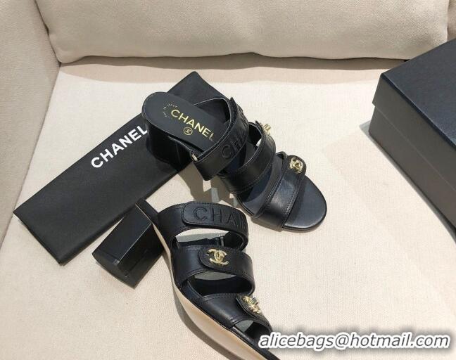 New Design Chanel Lambskin Heel Mule Sandals G37387 Black/Gold 2021