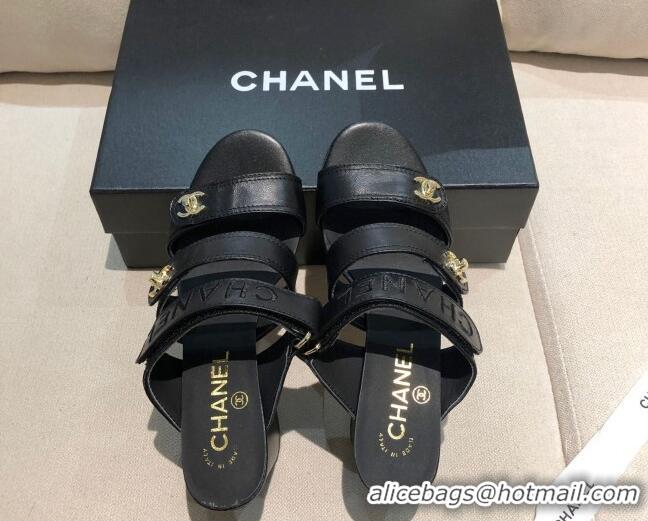 New Design Chanel Lambskin Heel Mule Sandals G37387 Black/Gold 2021