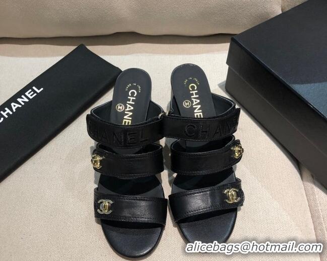 New Design Chanel Lambskin Heel Mule Sandals G37387 Black/Gold 2021