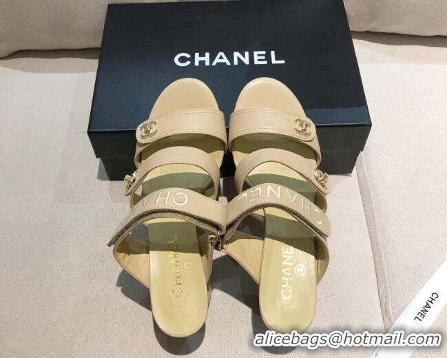 Good Product Chanel Lambskin Heel Mule Sandals G37387 Apricot 2021