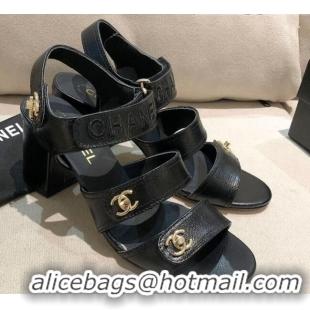 Perfect Chanel Shiny Lambskin Heel Sandals 8cm G37387 Black 2021